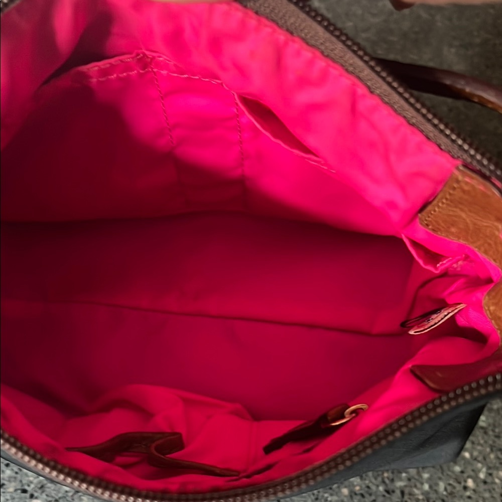 Dooney & Bourke Black Handbag with Brown Leather Strap and Hot Pink Interior - Picture 11 of 16